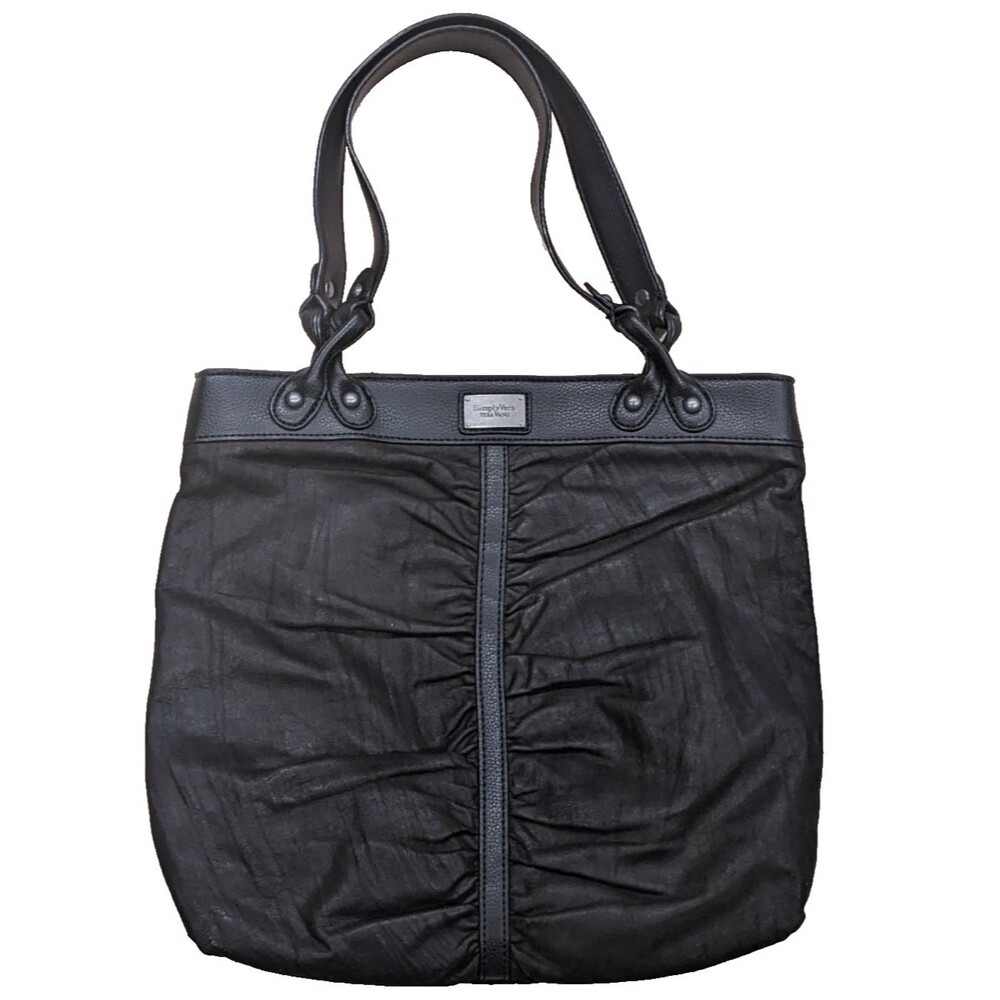Vera Wang Black Leather Tote Bag Ruched Shoulder Purse Minimalist Work